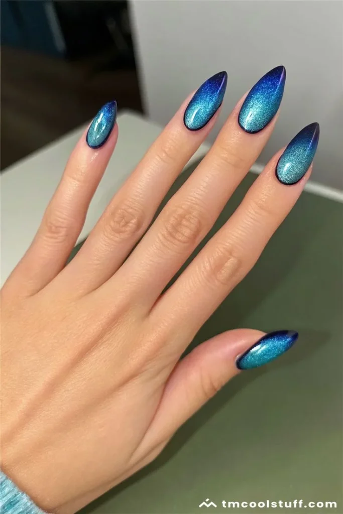 Blue Cat Eye Glitter Accent Nails