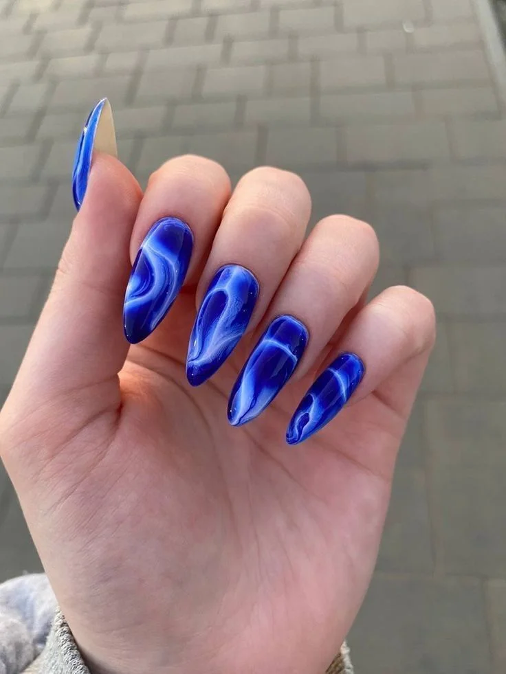 Blue Cat Eye Marble Nails