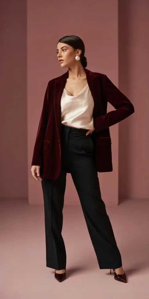 What to Wear This Holiday Season: 15 Christmas Party Outfit Ideas That Feel Festive and Stylish 7 Burgundy Blazer With a Silk Camisole