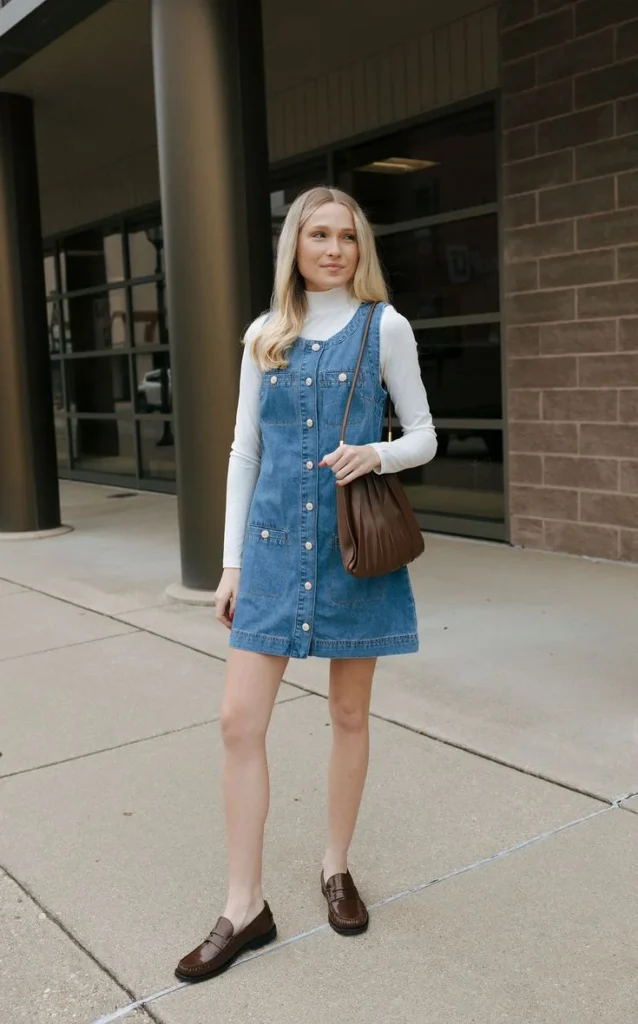 16 Denim Dress Outfit Ideas That Make Getting Dressed Look Effortlessly Cool 12 Button Front Denim Dress with Loafers
