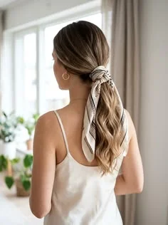 17 Scarf Hairstyles Ideas That Make Bad Hair Days Look Expensive 2 Classic Low Ponytail with a Silk Scarf