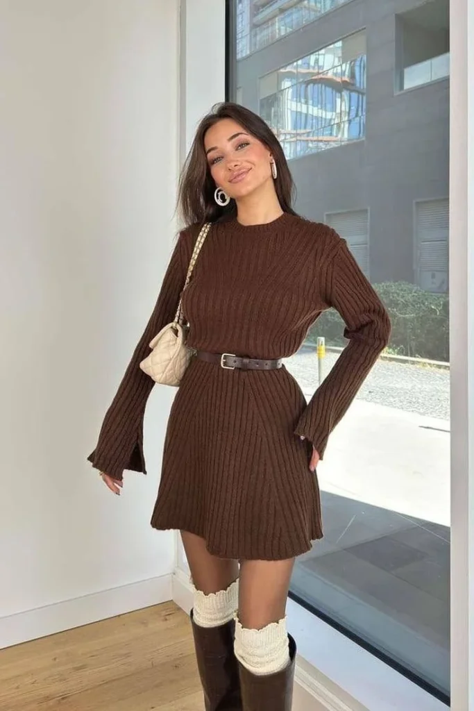 What to Wear This Holiday Season: 15 Christmas Party Outfit Ideas That Feel Festive and Stylish 6 Cozy Sweater Dress With Knee High Boots