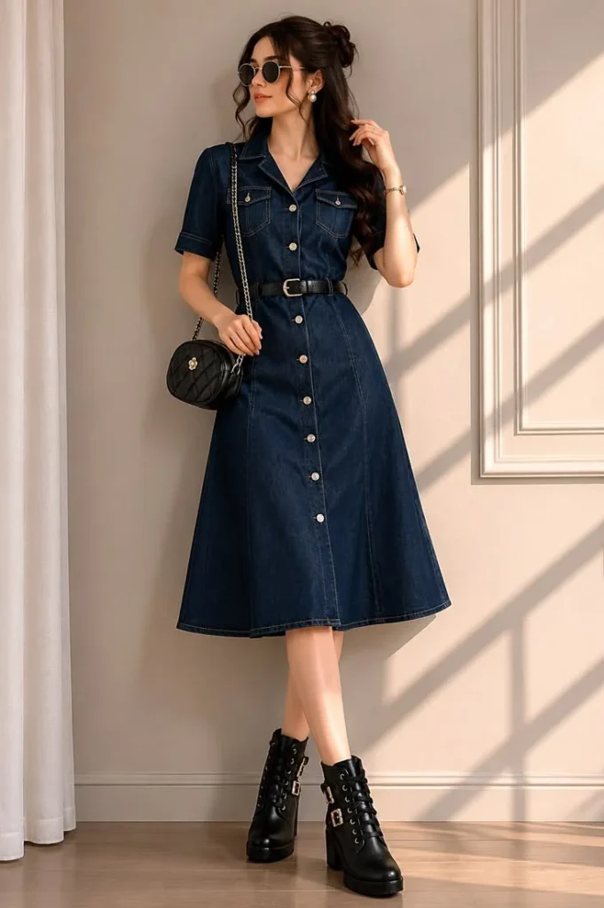 16 Denim Dress Outfit Ideas That Make Getting Dressed Look Effortlessly Cool 6 Dark Denim Dress with Black Ankle Boots