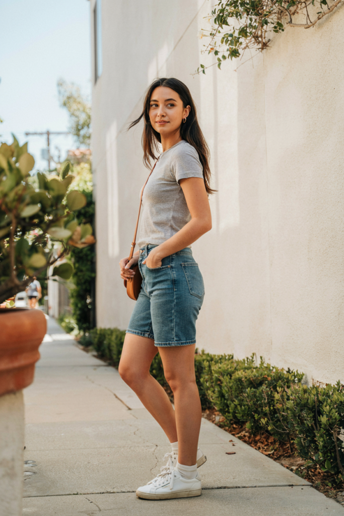 16 Shorts Outfit Ideas That Look Cute, Easy, and Actually Wearable 14 Denim Bermuda Shorts Fitted Tee