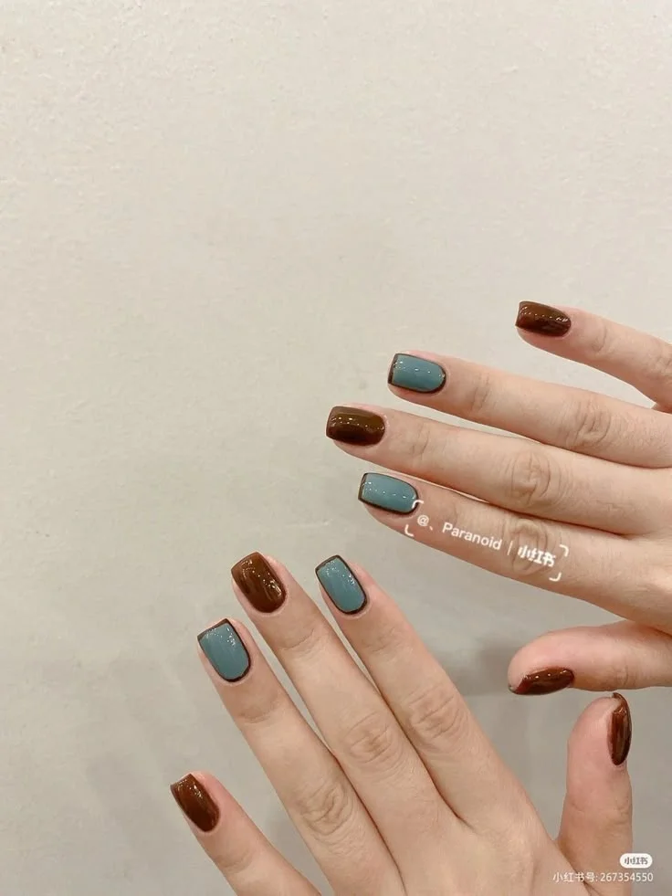Denim Blue Caramel Brown Block Nails
