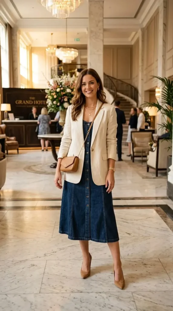 16 Denim Dress Outfit Ideas That Make Getting Dressed Look Effortlessly Cool 10 Denim Dress with a Blazer