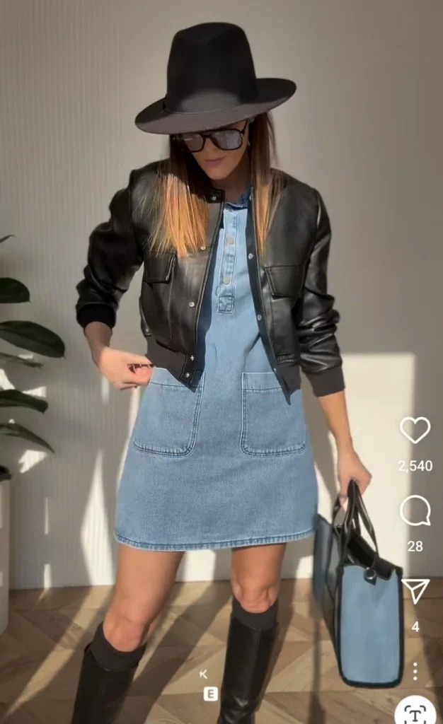 16 Denim Dress Outfit Ideas That Make Getting Dressed Look Effortlessly Cool 15 Denim Dress with a Leather Jacket
