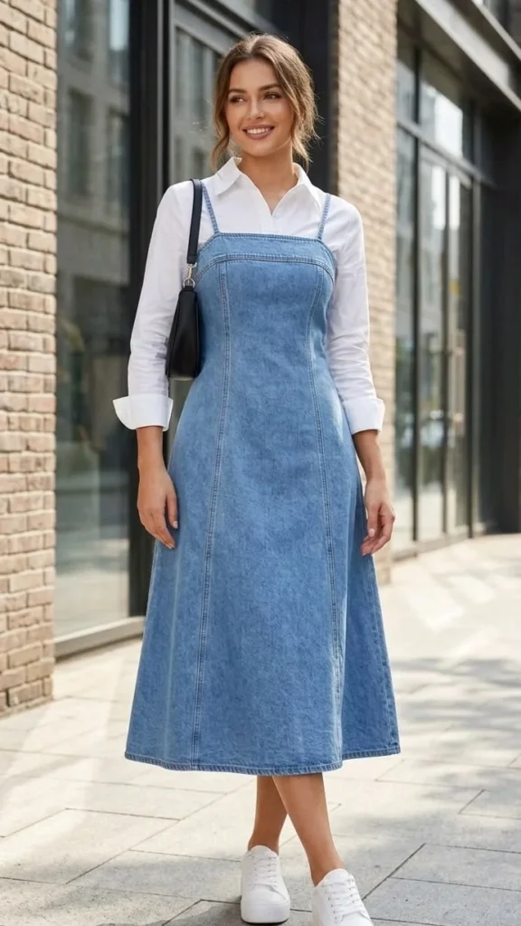 16 Denim Dress Outfit Ideas That Make Getting Dressed Look Effortlessly Cool 5 Denim Pinafore Dress over a White T Shirt