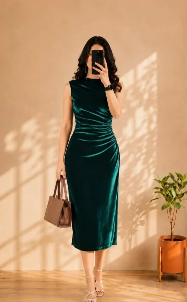 What to Wear This Holiday Season: 15 Christmas Party Outfit Ideas That Feel Festive and Stylish 4 Emerald Green Velvet Midi Dress