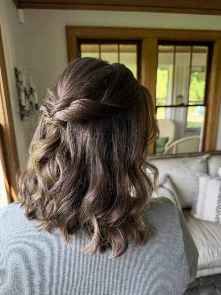 17 Short Hair Brides That Look Chic, Fresh, and Totally Wedding-Ready 9 Half Up Short Hair Twist