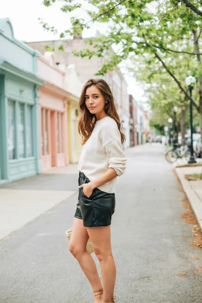 16 Shorts Outfit Ideas That Look Cute, Easy, and Actually Wearable 11 Leather Shorts Soft Knit Top