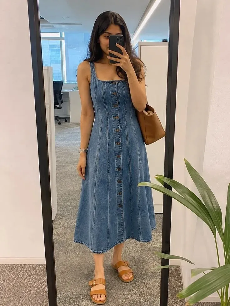16 Denim Dress Outfit Ideas That Make Getting Dressed Look Effortlessly Cool 4 Long Denim Dress with Flat Sandals