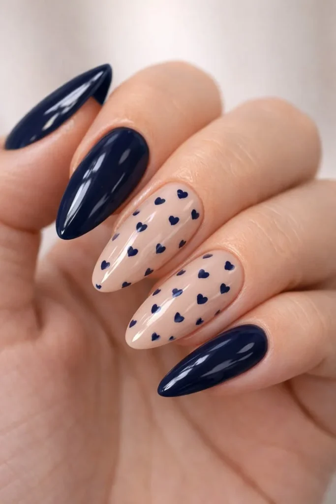 Navy Nails with Brown Heart Accents