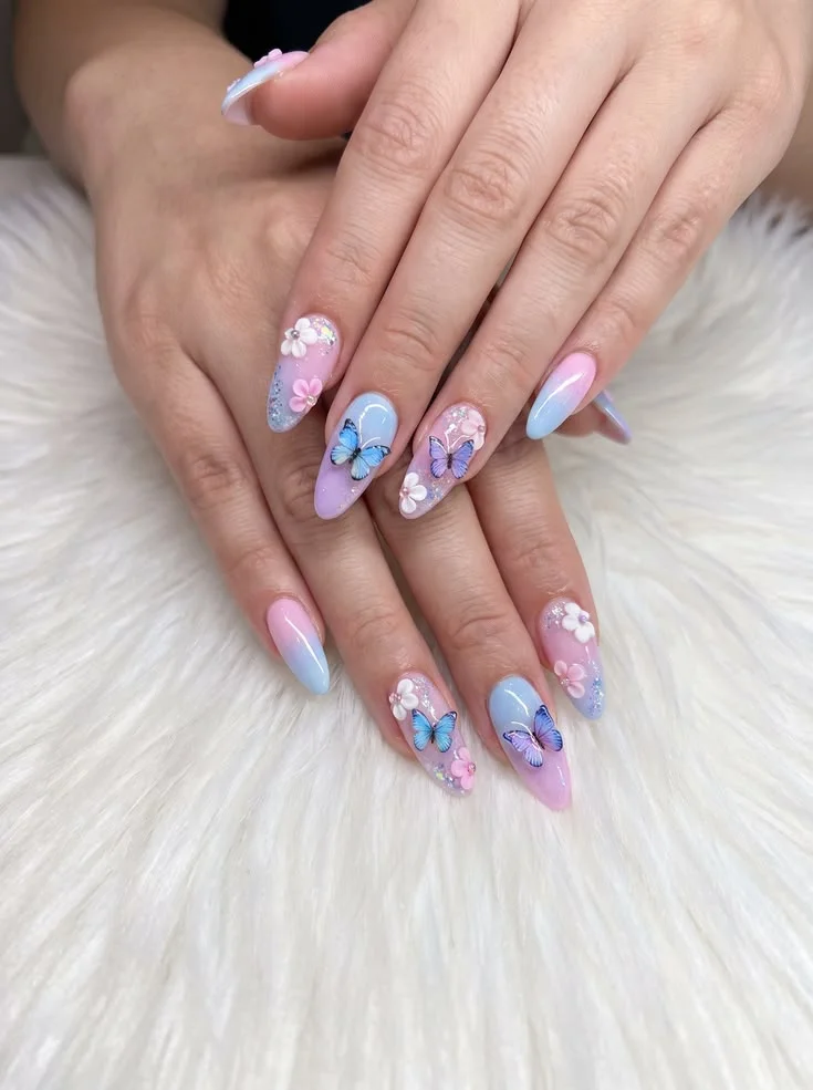 17 Pink and Blue Nails That Are Giving Soft Girl, Barbiecore & Mermaid Energy 14 Pink and Blue Butterfly Nails