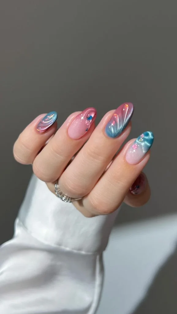 17 Pink and Blue Nails That Are Giving Soft Girl, Barbiecore & Mermaid Energy 12 Pink and Blue Cat Eye Nails