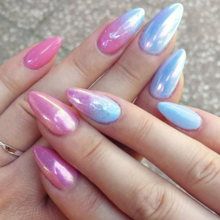 17 Pink and Blue Nails That Are Giving Soft Girl, Barbiecore & Mermaid Energy 5 Pink and Blue Chrome Nails