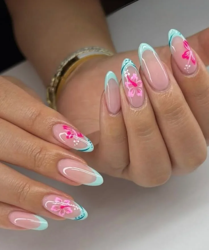 17 Pink and Blue Nails That Are Giving Soft Girl, Barbiecore & Mermaid Energy 10 Pink and Blue Floral Nails
