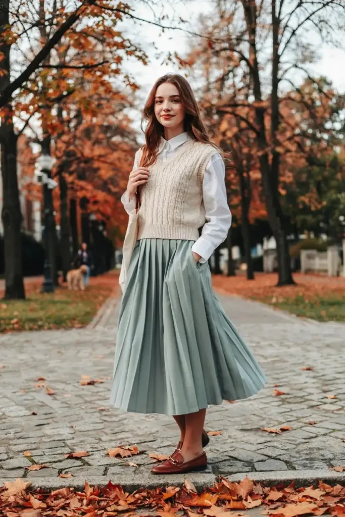 Pleated Skirt Sweater Vest