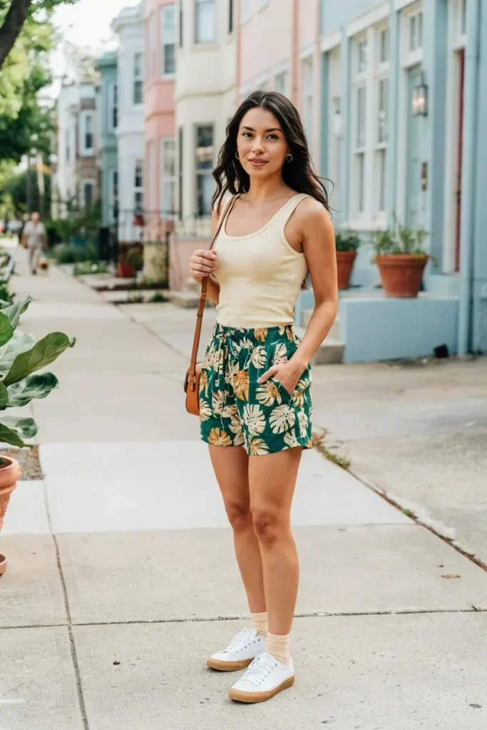 16 Shorts Outfit Ideas That Look Cute, Easy, and Actually Wearable 13 Printed Shorts Plain Tank