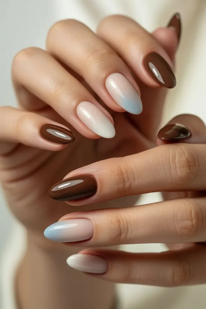 Soft Gradient Blue Nails with Brown Foil