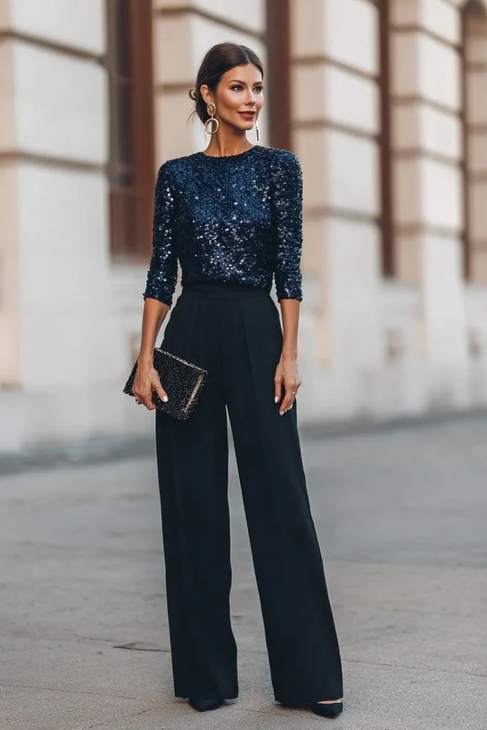 What to Wear This Holiday Season: 15 Christmas Party Outfit Ideas That Feel Festive and Stylish 5 Sparkly Top With Black Wide Leg Trousers