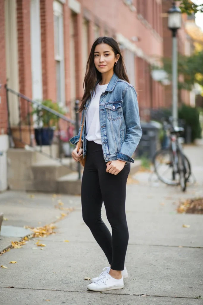 White Tee Denim Jacket Black Leggings
