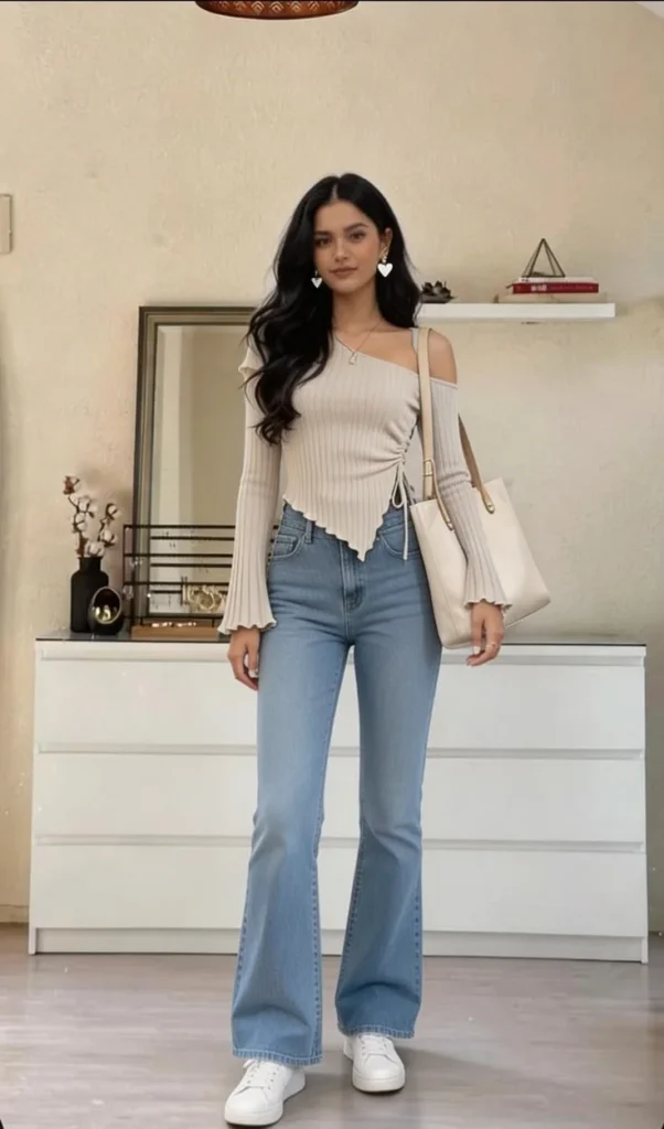 Fresh Layers, Better Outfits: 15 Fall Fashion Outfits That Feel So Current 12 Asymmetrical Knit Top With High Rise Denim