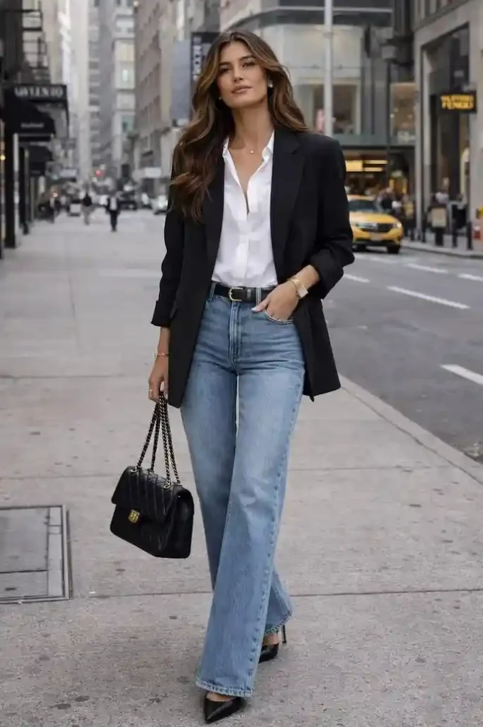 17 Black Outfit Ideas That Make You Look Effortlessly Expensive 2 Black Blazer Straight Leg Jeans 1