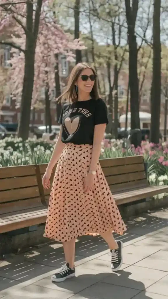 17 Black Outfit Ideas That Make You Look Effortlessly Expensive 15 Black Graphic Tee Midi Skirt