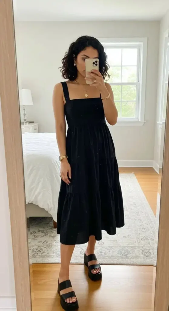 17 Black Outfit Ideas That Make You Look Effortlessly Expensive 7 Black Maxi Dress Chunky Sandals