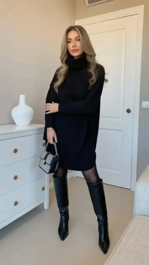 17 Black Outfit Ideas That Make You Look Effortlessly Expensive 10 Black Sweater Dress Knee High Boots