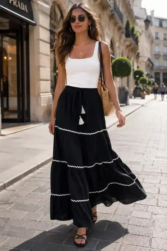 19 Festival Outfit Ideas That Look Cool, Feel Comfy, and Survive the Whole Weekend 20 Black Tank Printed Maxi Skirt
