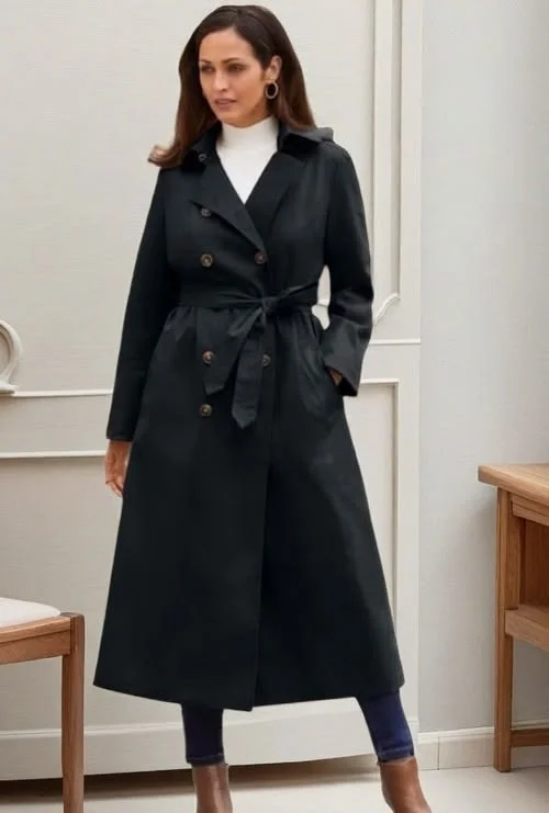 17 Black Outfit Ideas That Make You Look Effortlessly Expensive 14 Black Trench Coat Monochrome Basics
