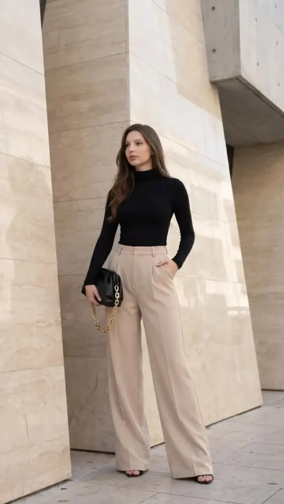 17 Black Outfit Ideas That Make You Look Effortlessly Expensive 3 Black Turtleneck Wide Leg Trousers