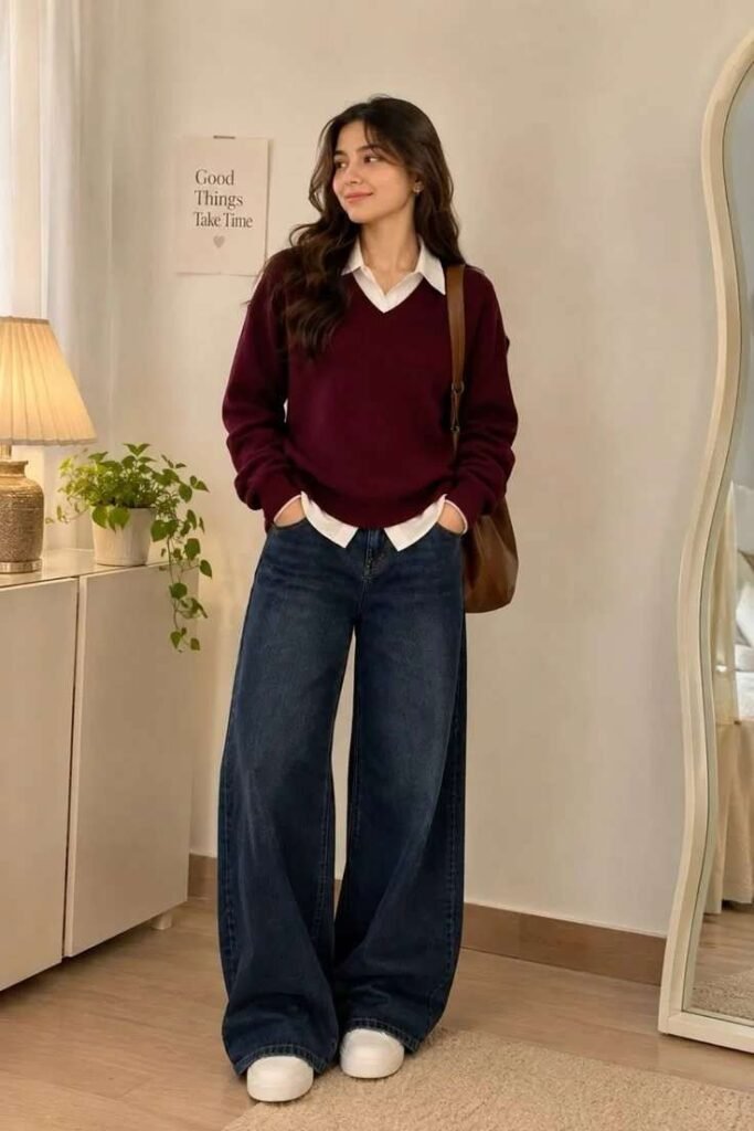 Fall Dressing Made Easy: 16 Fall Outfits for Women That Feel Effortlessly Stylish 6 Burgundy Sweater With Dark Denim
