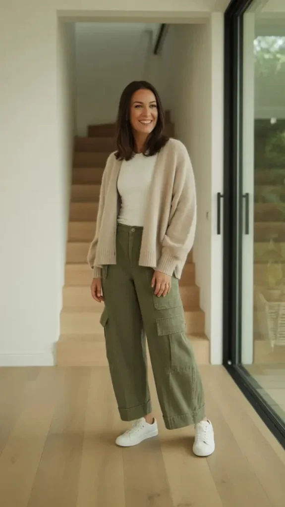 Easy Style Days: 14 Casual Fall Outfits That Still Look Put Together 9 Button Up Cardigan Worn as a Top With Utility Pants
