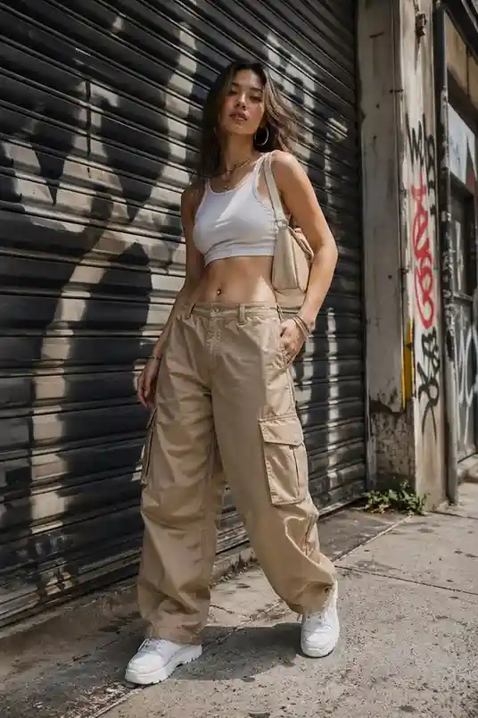 19 Festival Outfit Ideas That Look Cool, Feel Comfy, and Survive the Whole Weekend 7 Cargo Trousers Tiny Crop Top