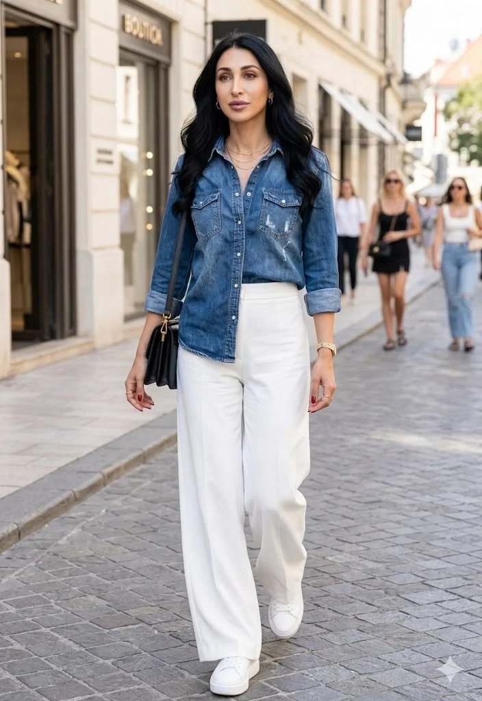 That In-Between Weather Look: 16 Early Fall Outfits That Feel Just Right 9 Chambray Shirt With White Trousers