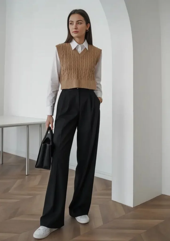 Soft Layers, Dreamy Details: 17 Fall Outfits Aesthetic Lovers Will Save for Later 12 Chocolate Knit Vest With a Long White Shirt