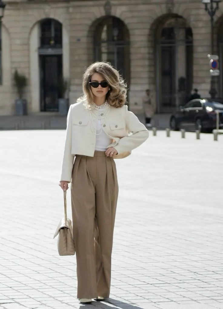 Cropped Boucle Jacket With High Waisted Trousers