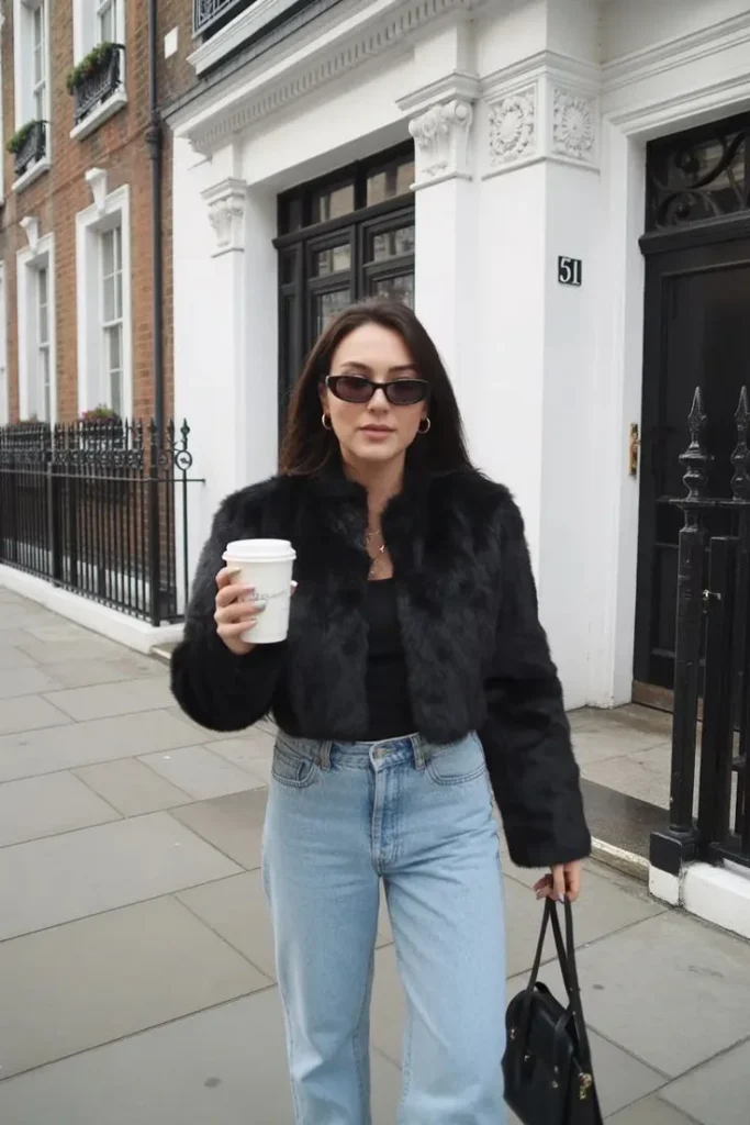 Fresh Layers, Better Outfits: 15 Fall Fashion Outfits That Feel So Current 13 Cropped Faux Fur Jacket With Minimal Black Separates