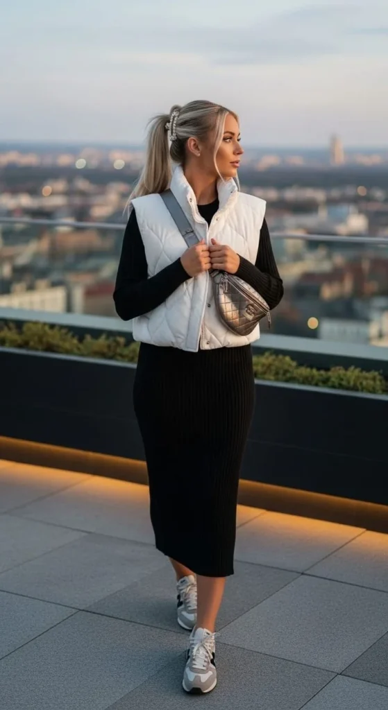 Cropped Puffer Vest Over a Sweater Dress