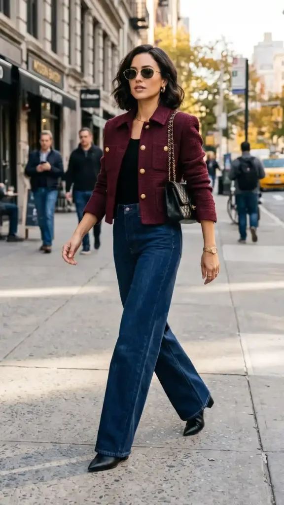 Fresh Layers, Better Outfits: 15 Fall Fashion Outfits That Feel So Current 2 Cropped Tweed Jacket With Dark Flare Jeans