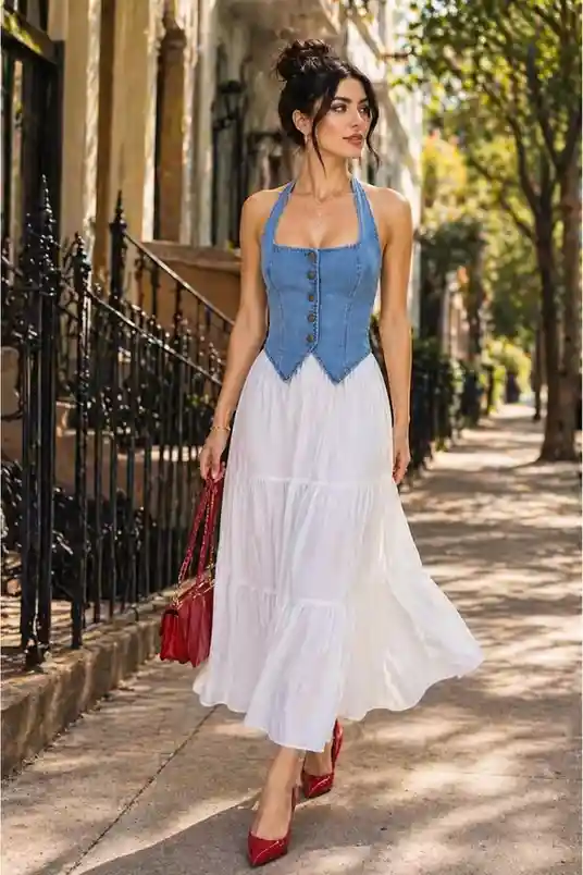 19 Festival Outfit Ideas That Look Cool, Feel Comfy, and Survive the Whole Weekend 9 Denim Corset Flowy Maxi Skirt