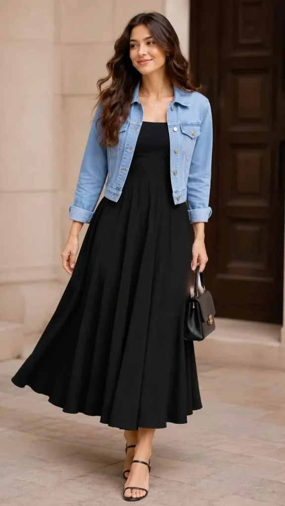 16 Simple Outfit Ideas That Look Effortless, Chic, and Actually Wearable 5 Denim Jacket Black Dress