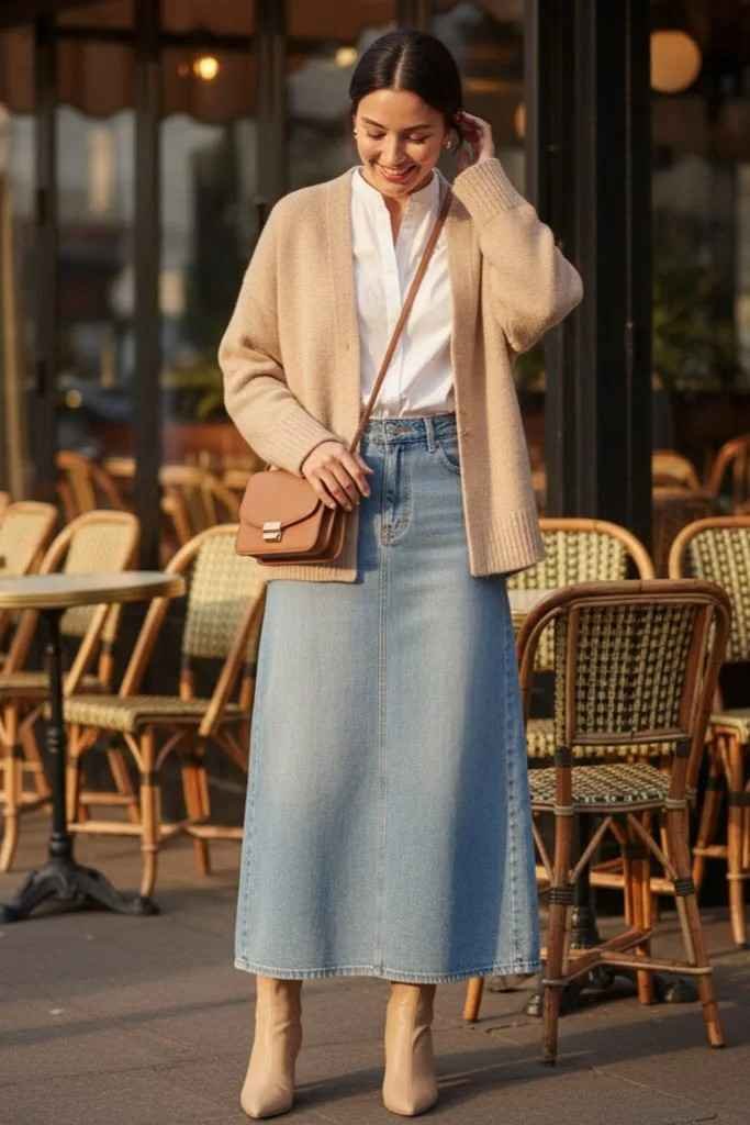 Fall Dressing Made Easy: 16 Fall Outfits for Women That Feel Effortlessly Stylish 4 Denim Maxi Skirt With a Soft Cardigan