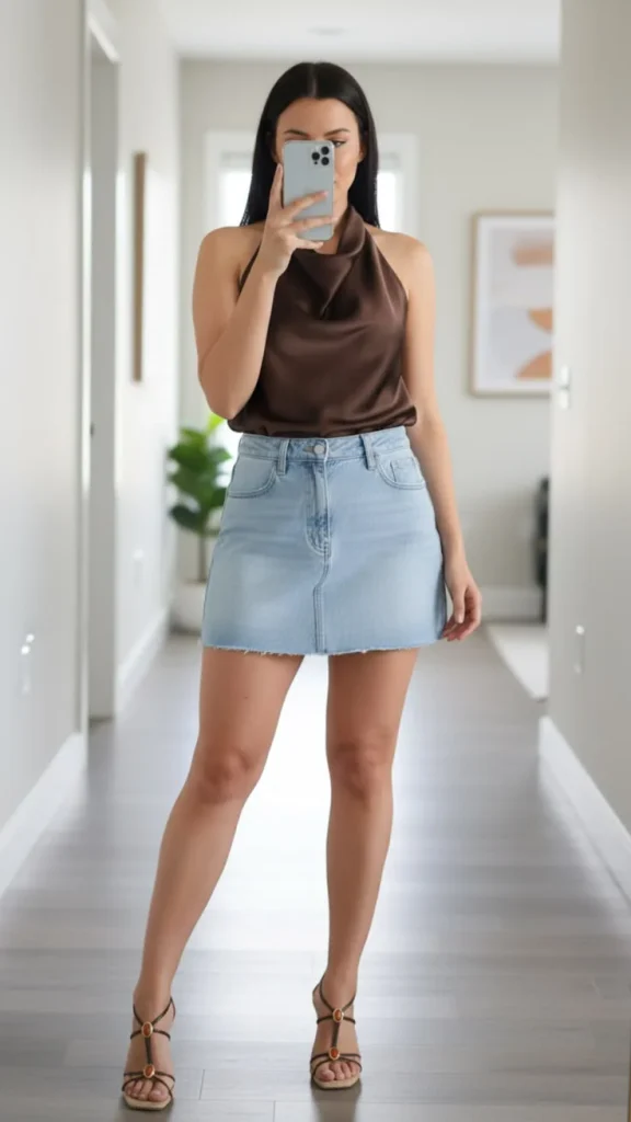 Denim Skirt Bodysuit Heeled Sandals