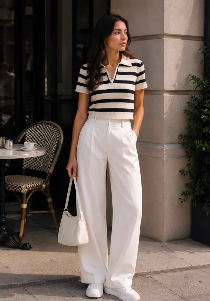Fine Knit Polo With Wide Leg Trousers