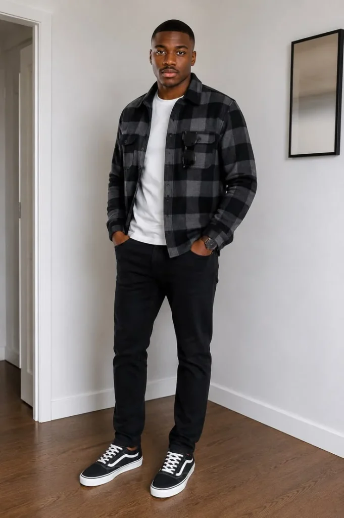 Cool Layers, Zero Fuss: 16 Fall Outfits Men Can Actually Wear 4 Flannel Overshirt With Black Denim