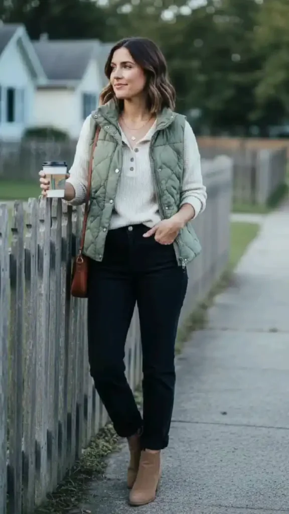 Easy Style Days: 14 Casual Fall Outfits That Still Look Put Together 7 Fleece Vest With a Thermal Top and Jeans